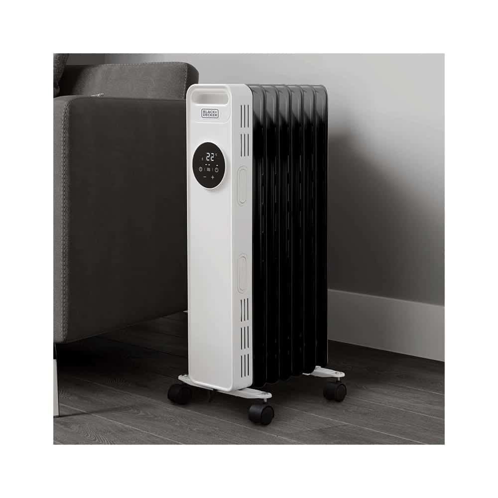 Black & Decker Digital Oil Filled Radiator 1500W 3 Heat Settings Adjustable Thermostat 24hr Timer - White