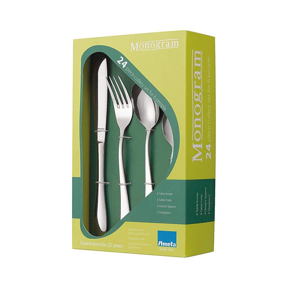 Amefa Monogram Sure Stainless Steel Cutlery Set 24 Piece Service For 6 Person Gift Boxed - Silver