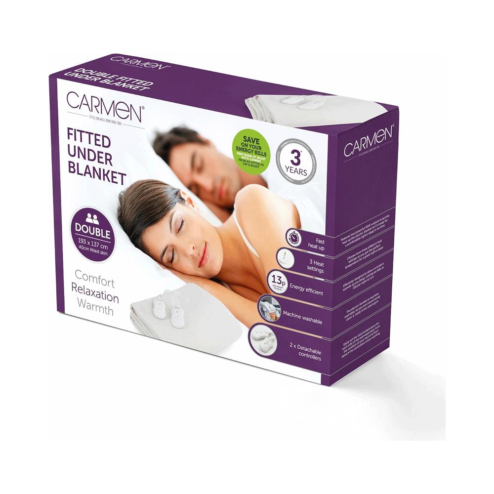 Carmen Double Fitted Electric Blanket With Overheat Protection 40cm Skirt - White