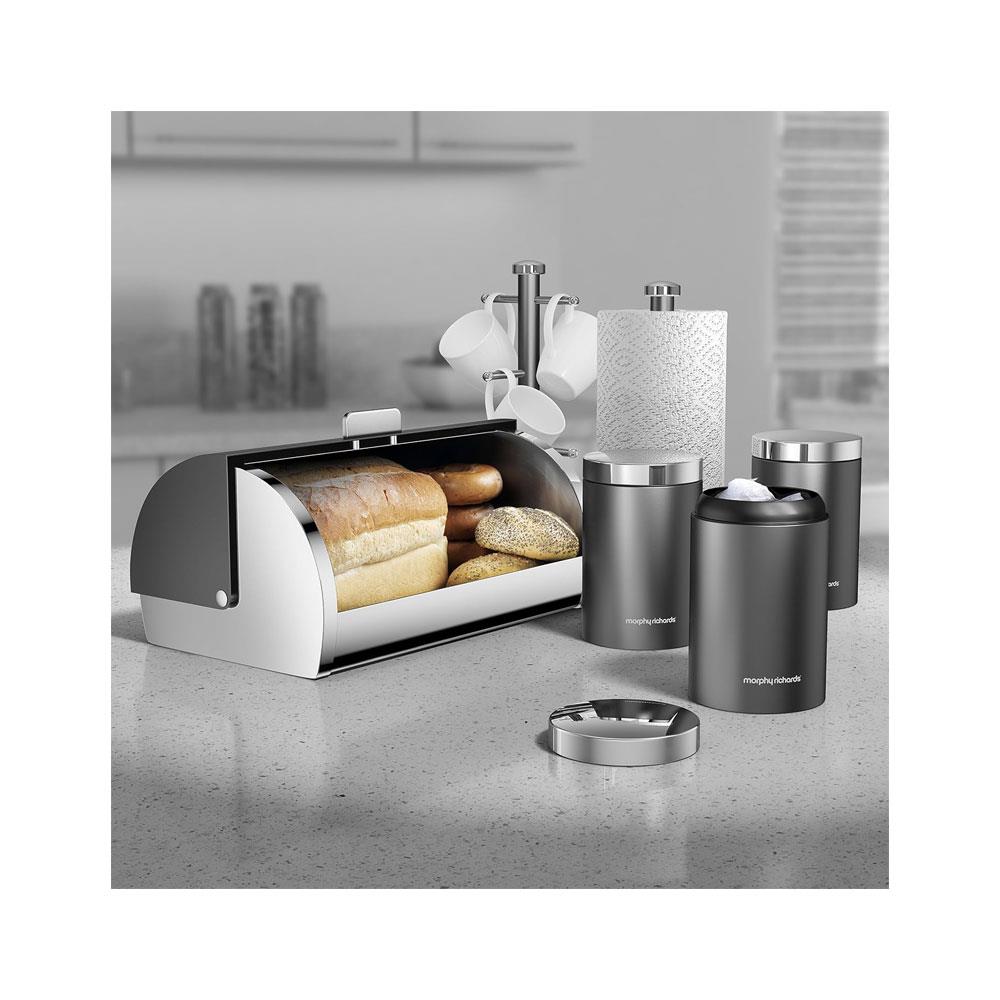 Morphy Richards Accents 6 Piece Storage Set Bread Bin 3 Canisters Towel Pole & Mug Tree Stainless Steel - Titanium