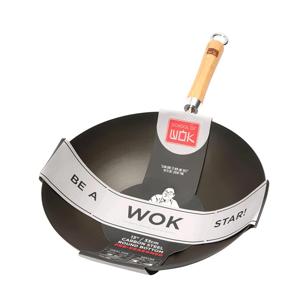School of Wok 13 Inch Pre Seasoned Round Carbon Steel Bottom Wok With Bamboo Handle - Black Main image