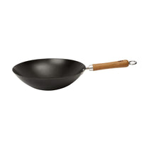 School of Wok 13 Inch Pre Seasoned Round Carbon Steel Bottom Wok With Bamboo Handle - Black