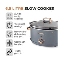 Tower Cavaletto Slow Cooker 6.5 Litre With 3 Heat Settings 300W - Grey And Rose Gold