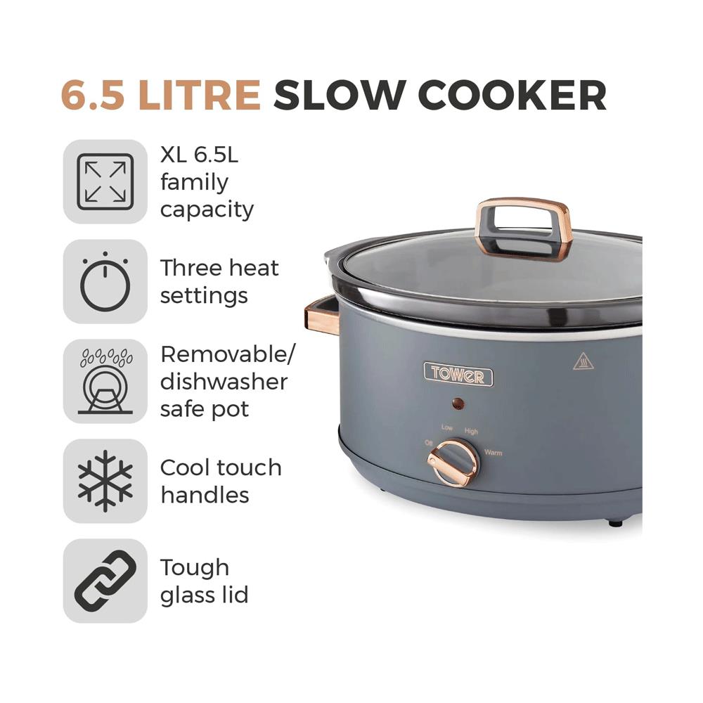 Tower Cavaletto Slow Cooker 6.5 Litre With 3 Heat Settings 300W - Grey And Rose Gold