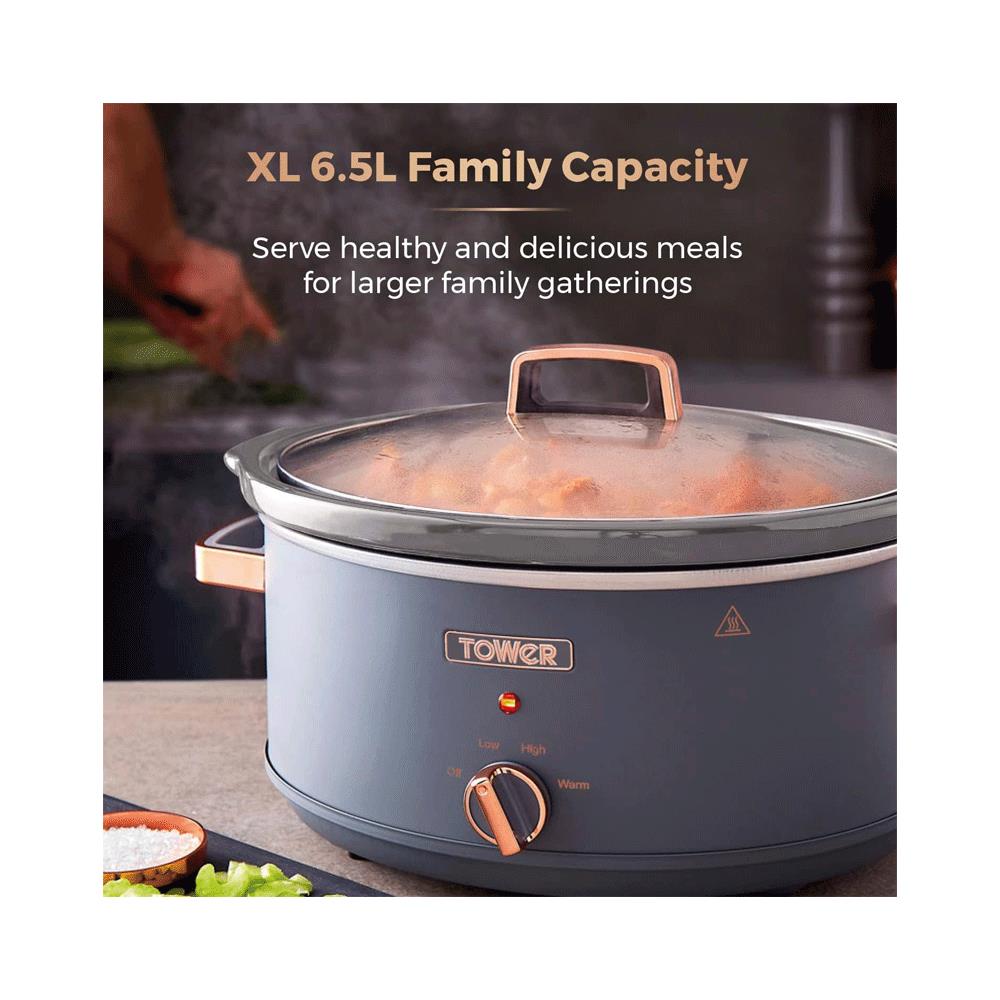 Tower Cavaletto Slow Cooker 6.5 Litre With 3 Heat Settings 300W - Grey And Rose Gold