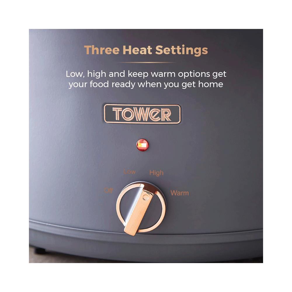 Tower Cavaletto Slow Cooker 6.5 Litre With 3 Heat Settings 300W - Grey And Rose Gold