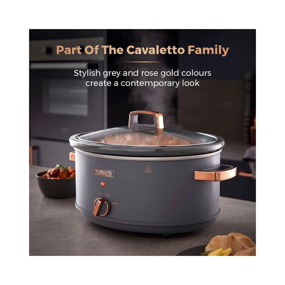 Tower Cavaletto Slow Cooker 6.5 Litre With 3 Heat Settings 300W - Grey And Rose Gold