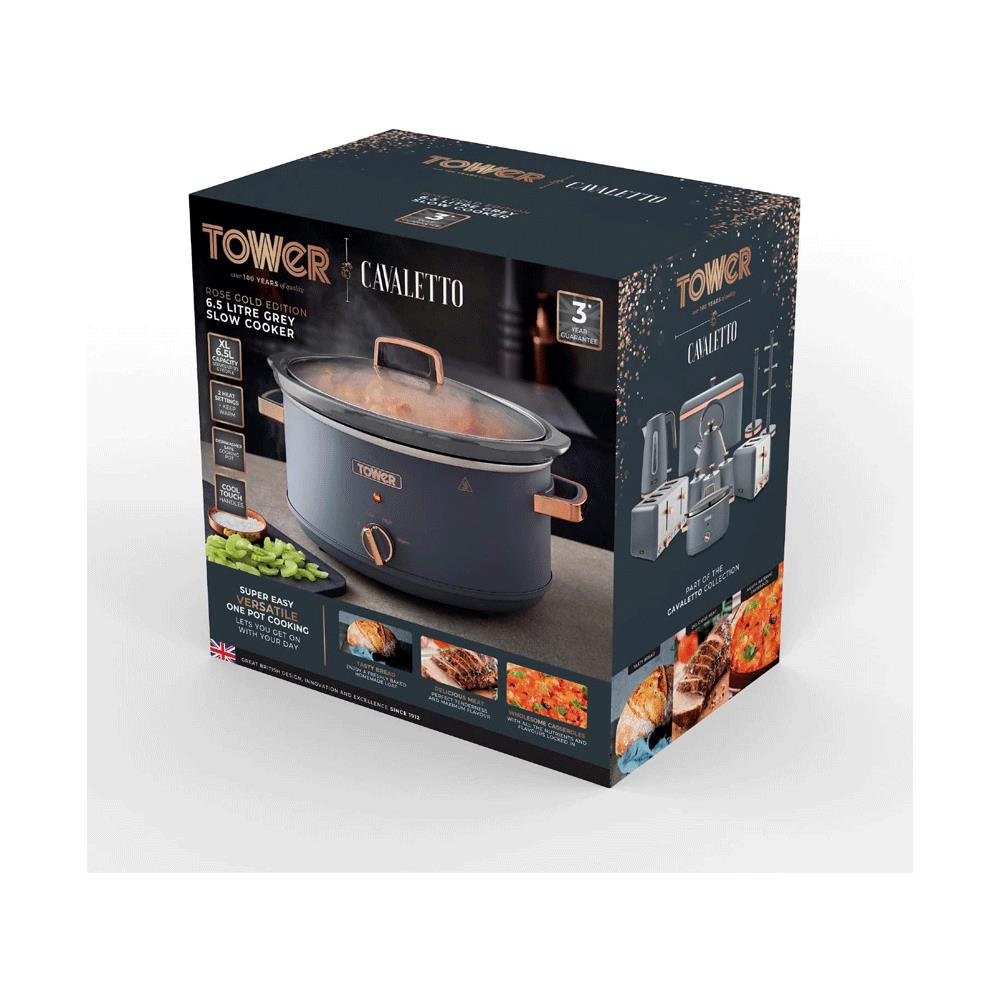 Tower Cavaletto Slow Cooker 6.5 Litre With 3 Heat Settings 300W - Grey And Rose Gold