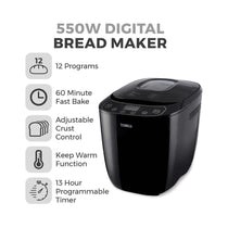 Tower Digital Bread Maker With 12 Automatic Programs 13 Hours Timer Adjustable Crust Control Gluten Free 550W 2lb - Black