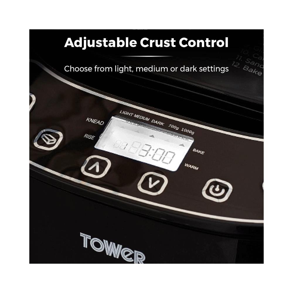 Tower Digital Bread Maker With 12 Automatic Programs 13 Hours Timer Adjustable Crust Control Gluten Free 550W 2lb - Black