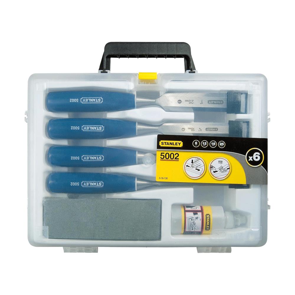 Stanley 5002 Series 6,12,18,25mm Wood Chisel Set With Sharpening Stone And Oil - Multicolour