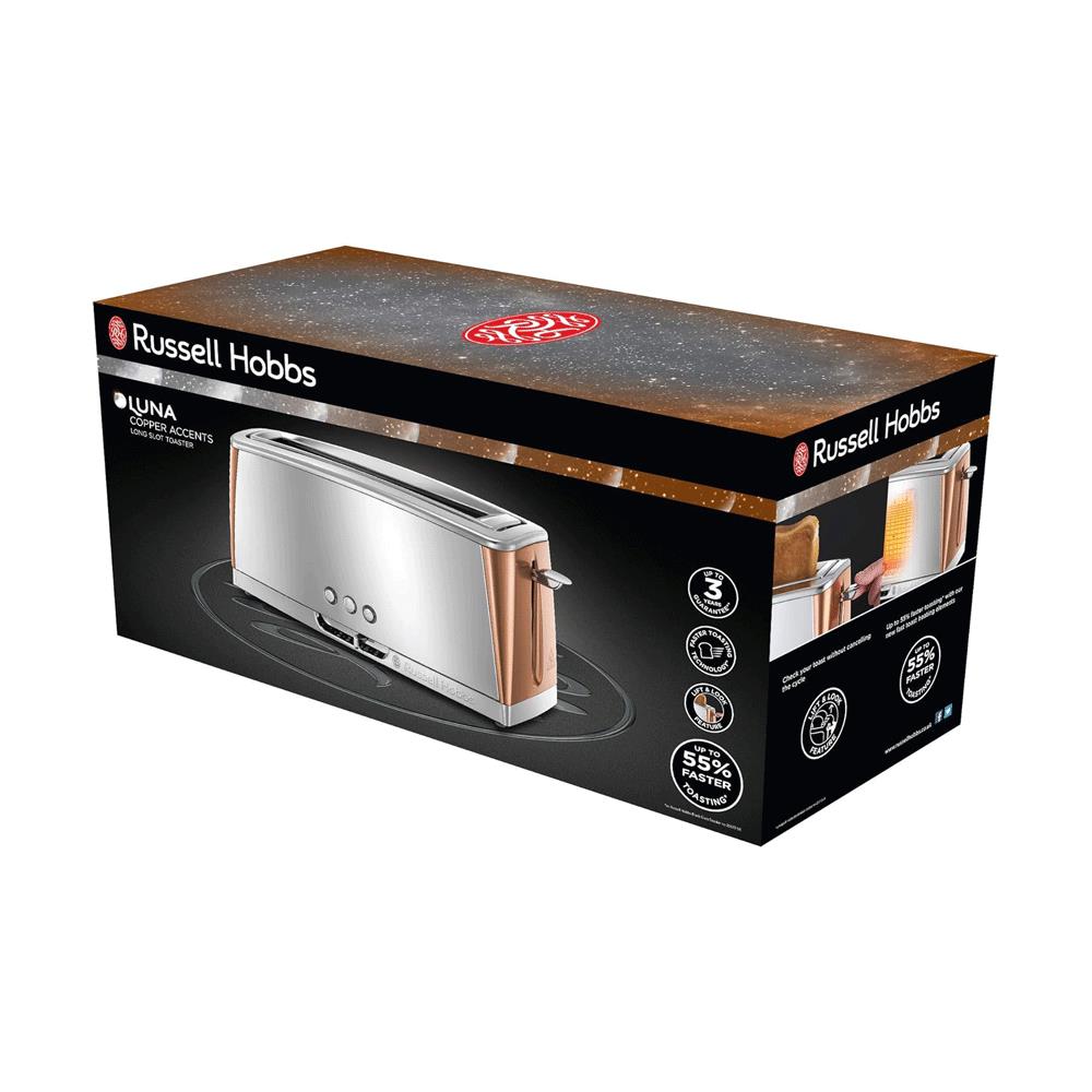 Russell Hobbs Luna Long Slot 2 Slice Toaster Stainless Steel 1420W - Copper