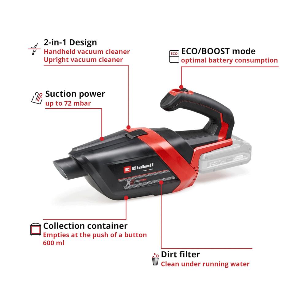 Einhell TE-HV 18/06 Li - Solo Cordless Handheld Vacuum Cleaner - Red/Black