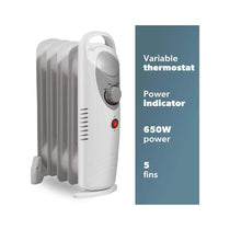 Daewoo 5 Fins Oil Filled Radiators 650W Mini Adjustable Thermostat & Carry Handle - White