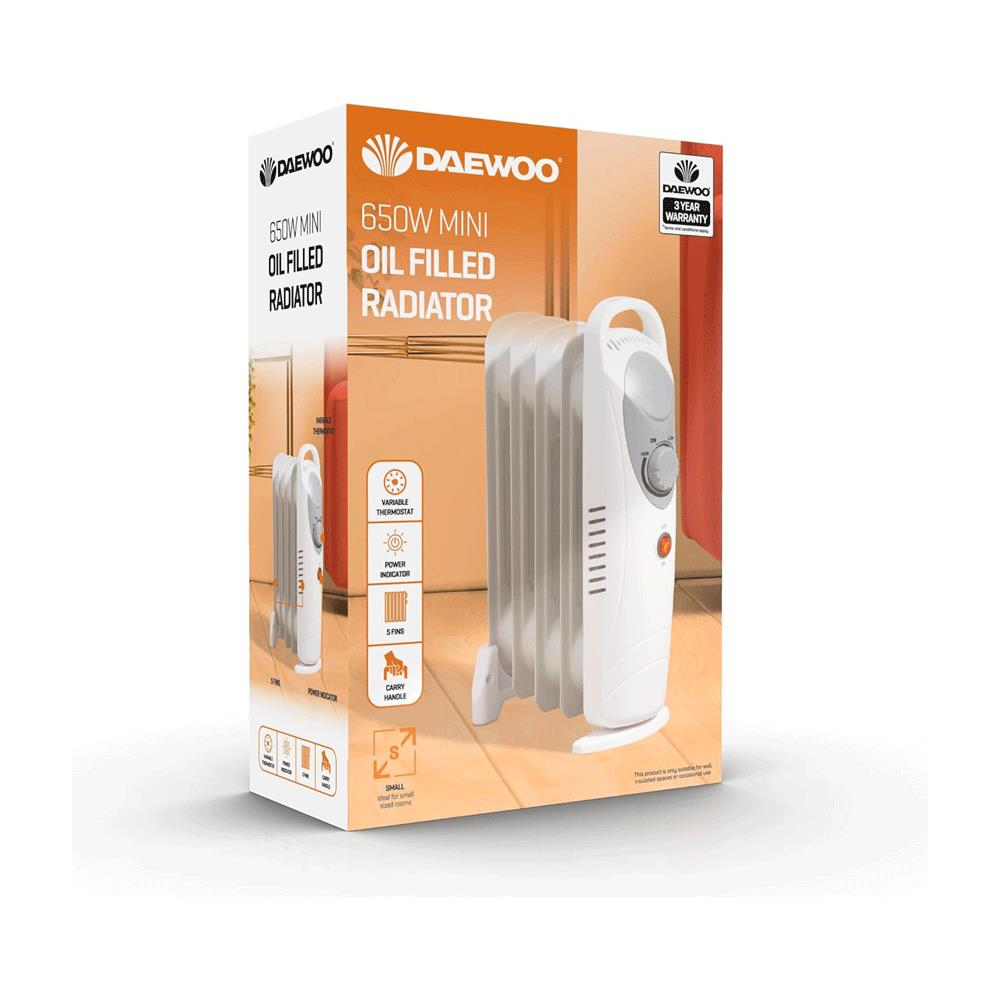 Daewoo 5 Fins Oil Filled Radiators 650W Mini Adjustable Thermostat & Carry Handle - White