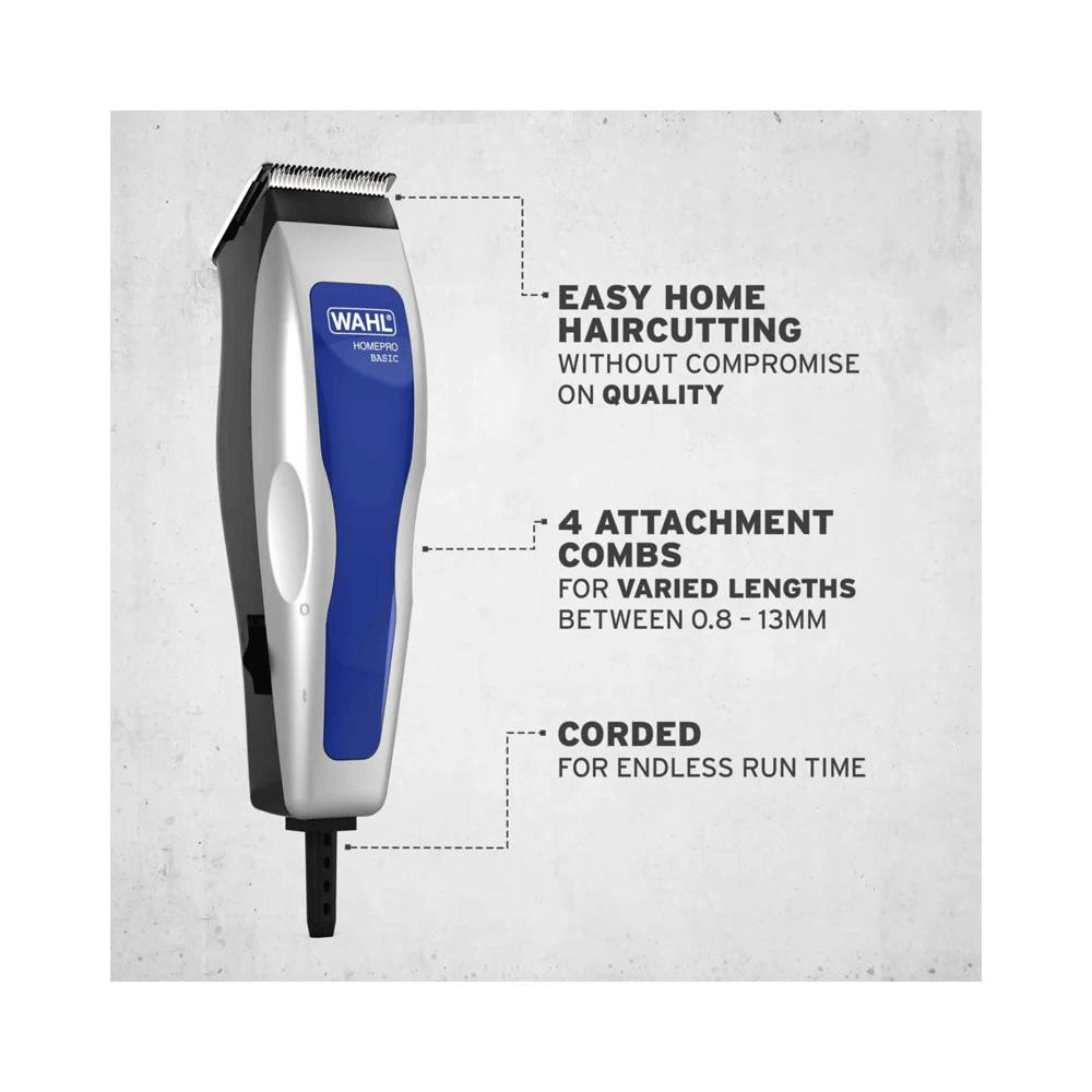 Wahl HomePro Basic Corded Hair Clipper With 4 Attachment Combs Kit - Blue/Silver