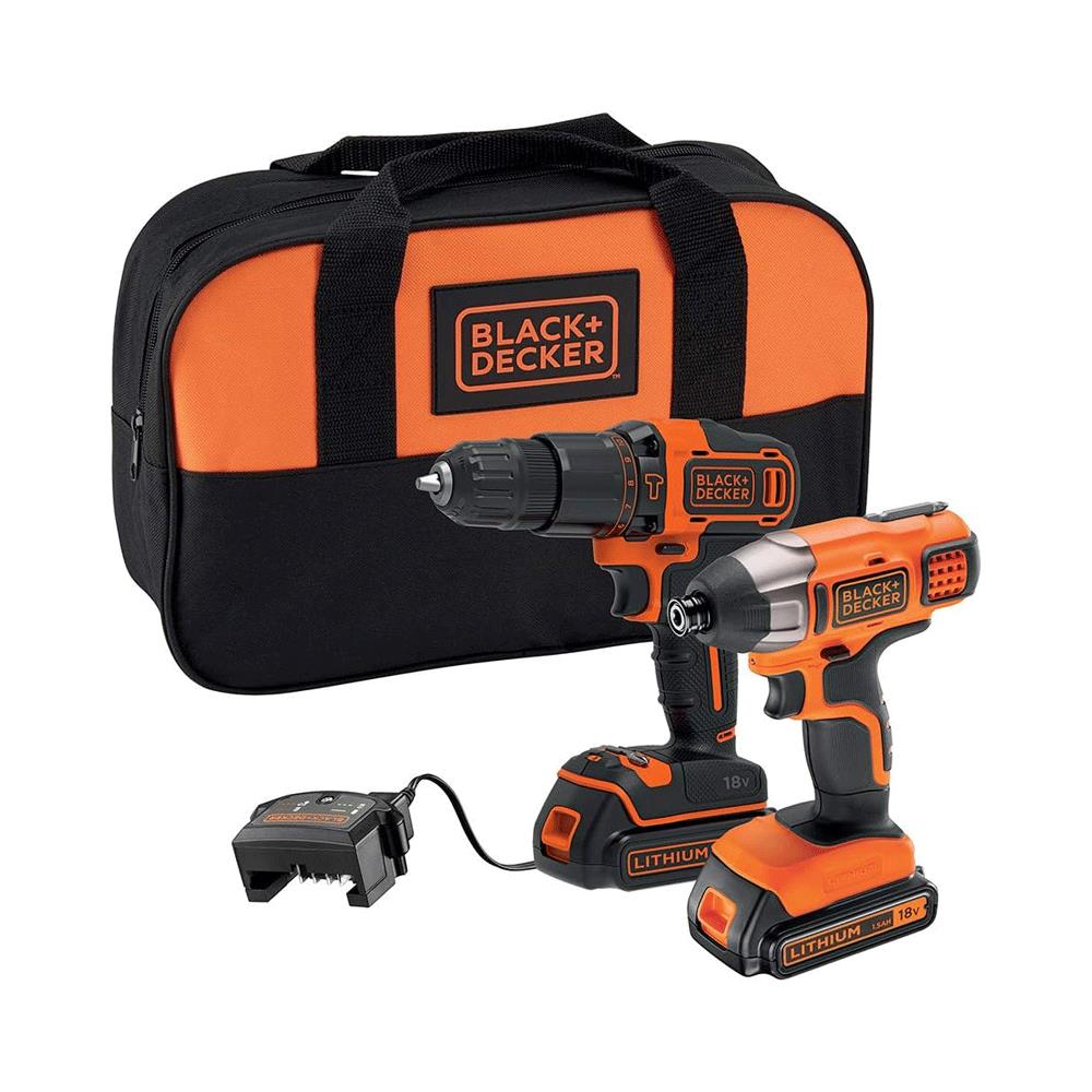 Black & Decker 18V Hammer Drill And Impact Driver With 2 x 1.5Ah Batteries 400mA Charger & Small Soft Bag Kit - Orange/Black Main image