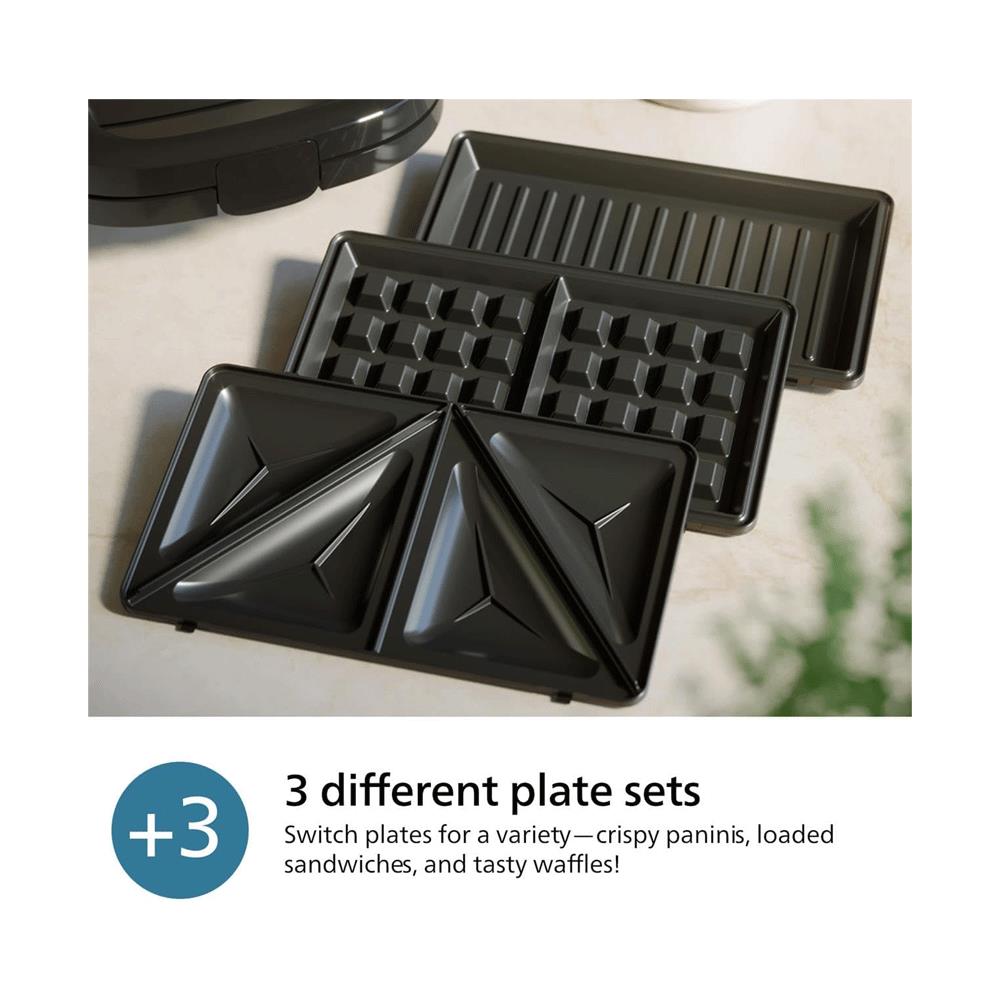 Philips 5000 Series Sandwich Maker 3 Plate Sets Paninis Sandwiches & Waffles 750W - Black & Silver
