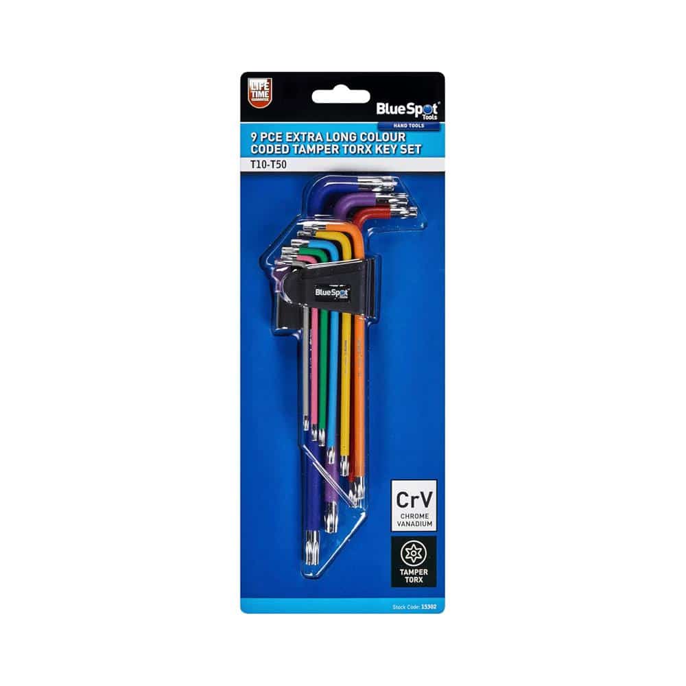 Blue Spot Tools Extra Long Colour Coded Tamper Torx Key Set (T10-T50) - 9 Piece
