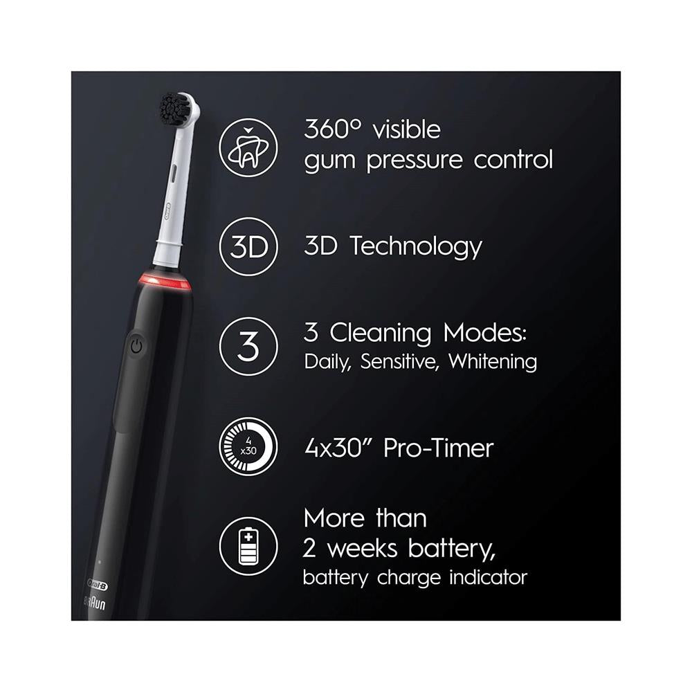 Oral-B Pro 3 3000 Pure White Electric Toothbrush Visible Gum Pressure Control With 3 Modes - Charcoal Black