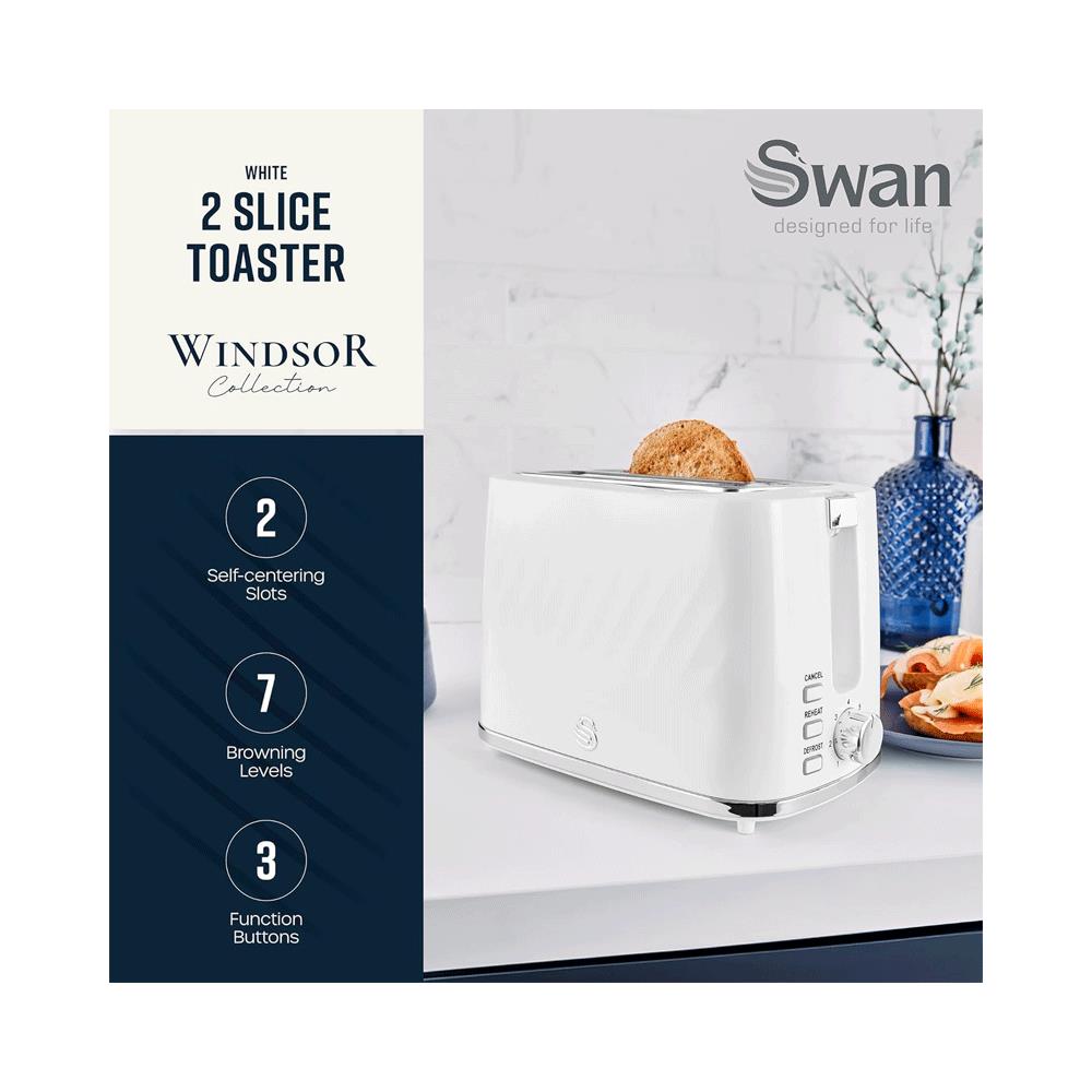 Swan Windsor 2 Slice Toaster With 7 Browning Levels Defrost Reheat Cancel Functions 900W - White Secondary image