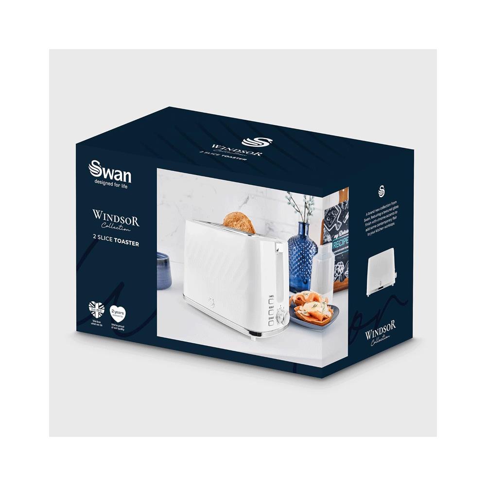 Swan Windsor 2 Slice Toaster With 7 Browning Levels Defrost Reheat Cancel Functions 900W - White