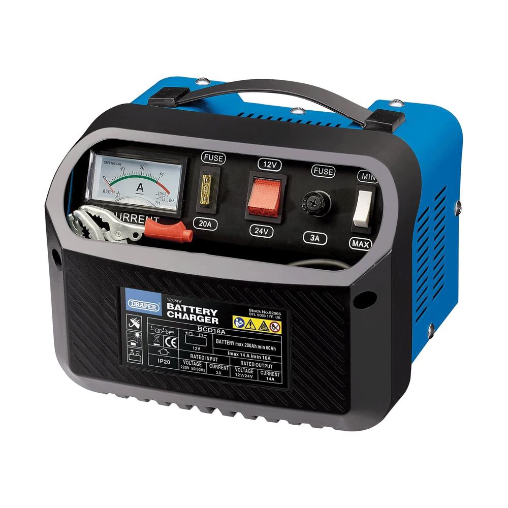 Draper 12/24V Battery Charger 10-14A - Blue And Black