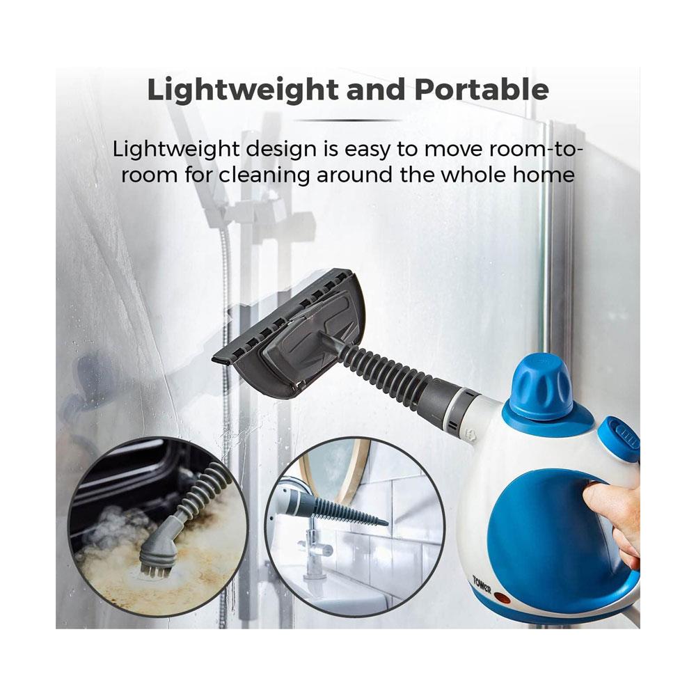 Tower THS10 Handheld Steam Cleaner Includes Crevice Tool Flexible Hose Brush Tool Microfiber Cloth 1050W 250ml - Blue