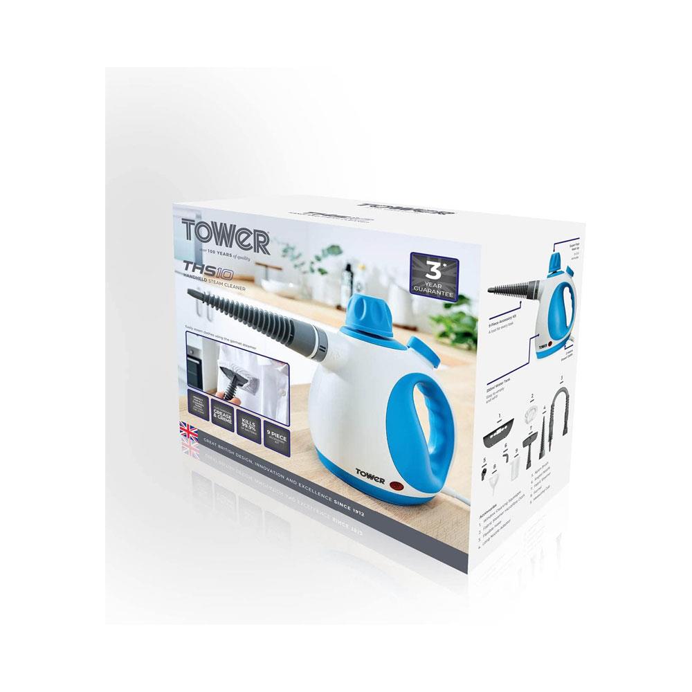Tower THS10 Handheld Steam Cleaner Includes Crevice Tool Flexible Hose Brush Tool Microfiber Cloth 1050W 250ml - Blue