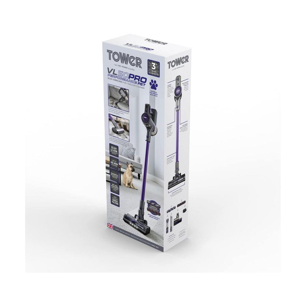 Tower VL50 Pro Pet 3-In-1 Cordless Vacuum Cleaner 22.2V 200W 1 Litre Dust Capacity - Purple
