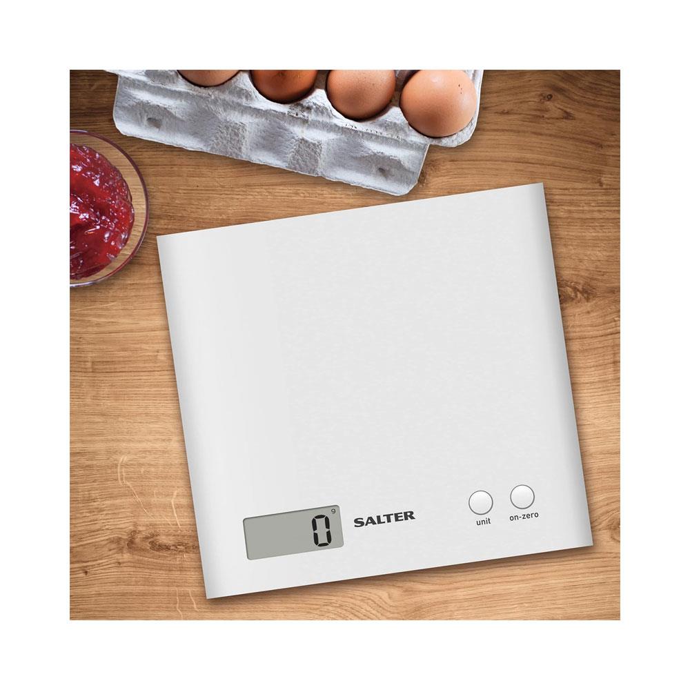 Salter Arc Digital Kitchen Scale 3kg Capacity LCD Display Slim Design Compact Storage - White