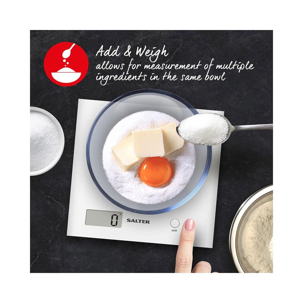 Salter Arc Digital Kitchen Scale 3kg Capacity LCD Display Slim Design Compact Storage - White