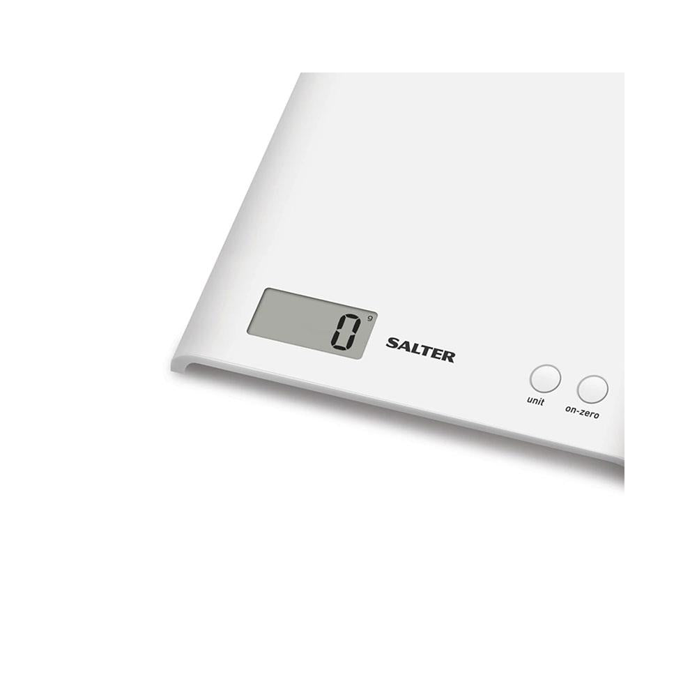 Salter Arc Digital Kitchen Scale 3kg Capacity LCD Display Slim Design Compact Storage - White