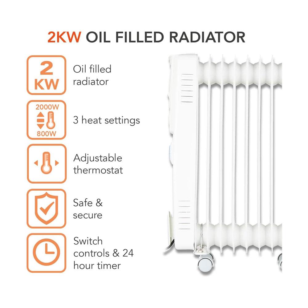 Warmlite 9 Fin Oil Filled Radiator 2000W With 3 Heat Settings & 24hr Timer - White