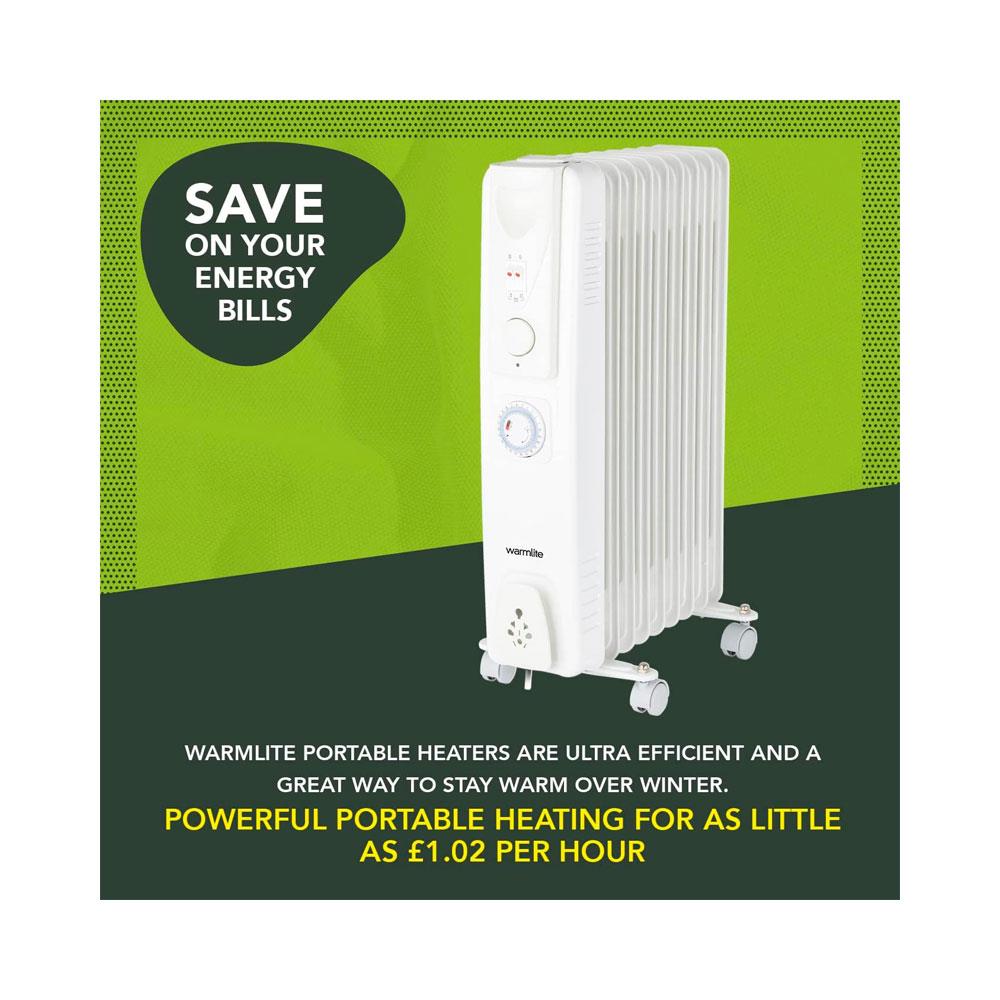 Warmlite 9 Fin Oil Filled Radiator 2000W With 3 Heat Settings & 24hr Timer - White