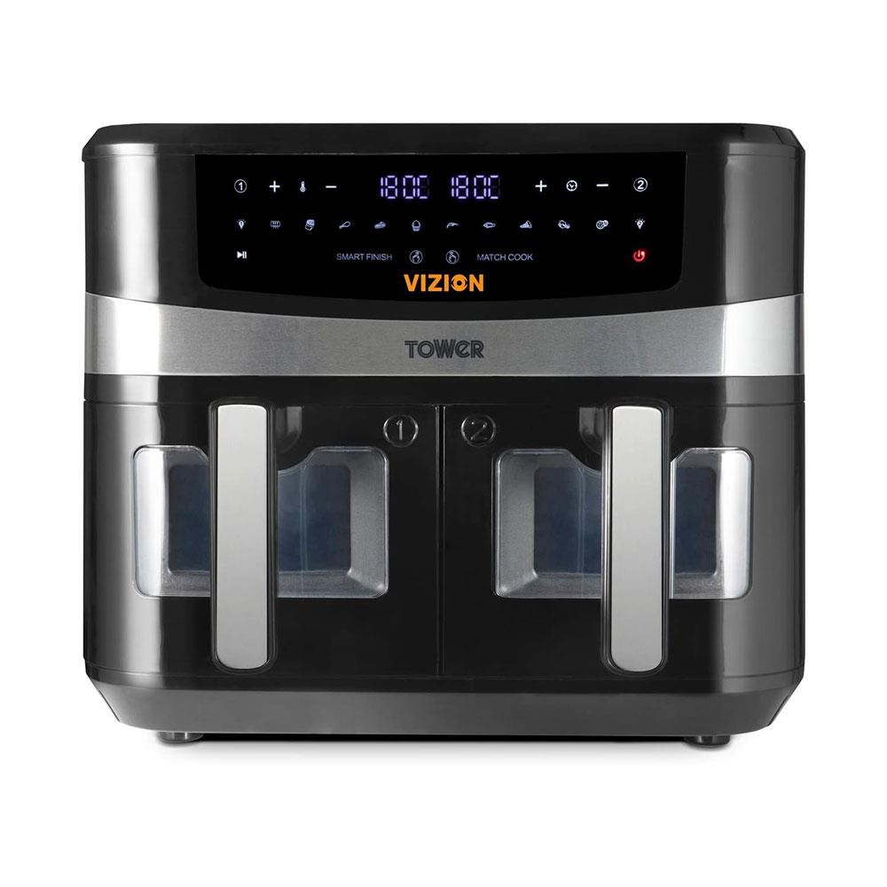 Tower Vortx Vizion Dual Basket Digital Air Fryer With Pre-Set Programmes 2600W 9 Litres - Black