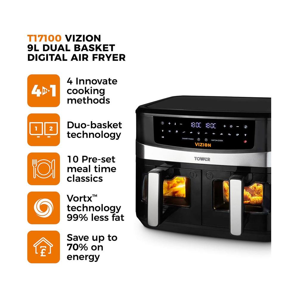 Tower Vortx Vizion Dual Basket Digital Air Fryer With Pre-Set Programmes 2600W 9 Litres - Black Secondary image