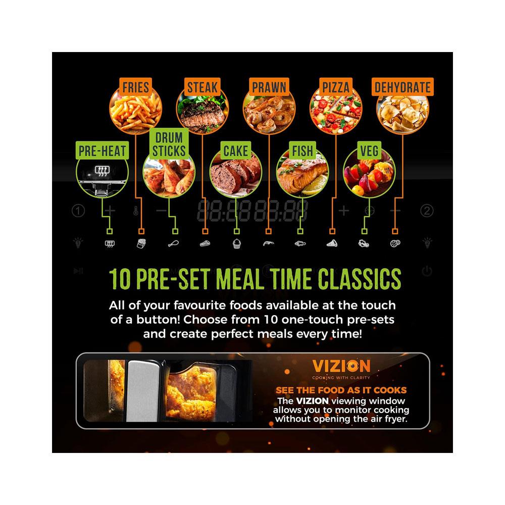 Tower Vortx Vizion Dual Basket Digital Air Fryer With Pre-Set Programmes 2600W 9 Litres - Black