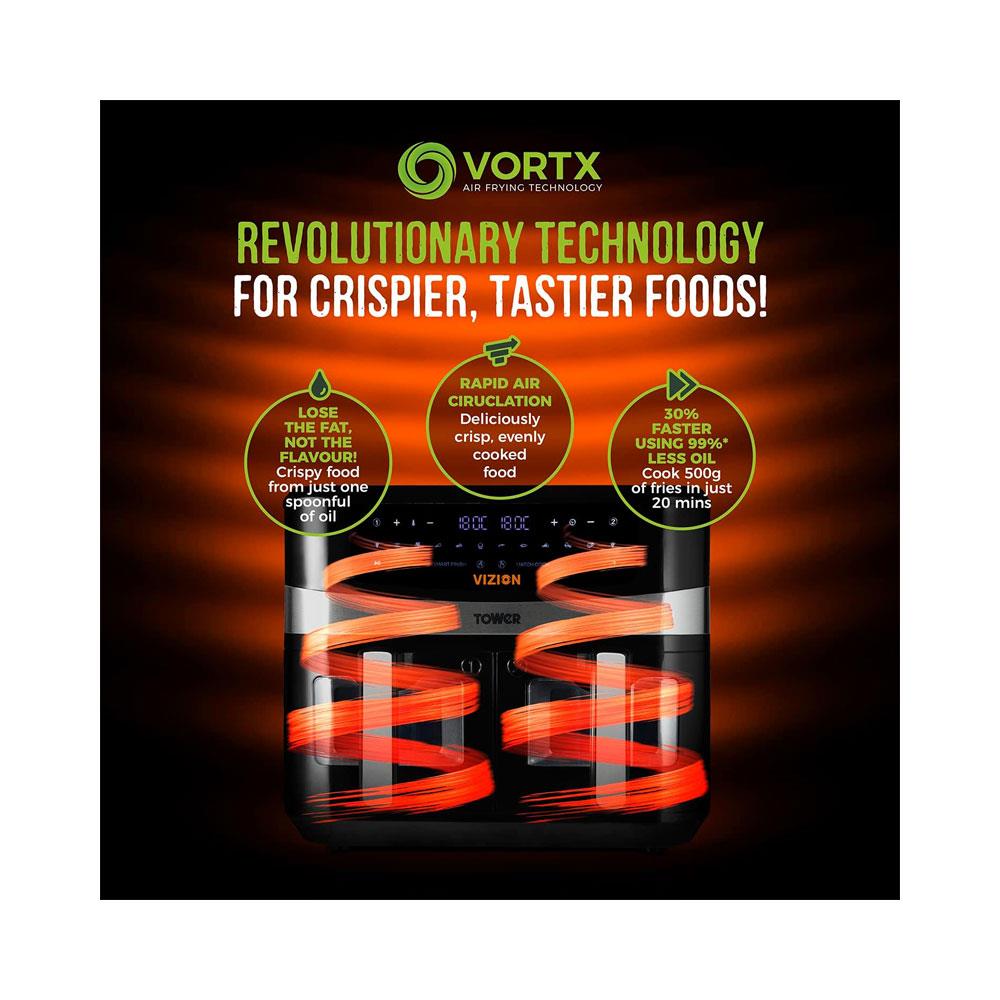 Tower Vortx Vizion Dual Basket Digital Air Fryer With Pre-Set Programmes 2600W 9 Litres - Black