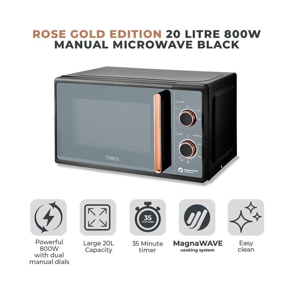 Tower Cavaletto Manual Microwave With 5 Power Levels 800W 20 Litre - Black & Rose Gold