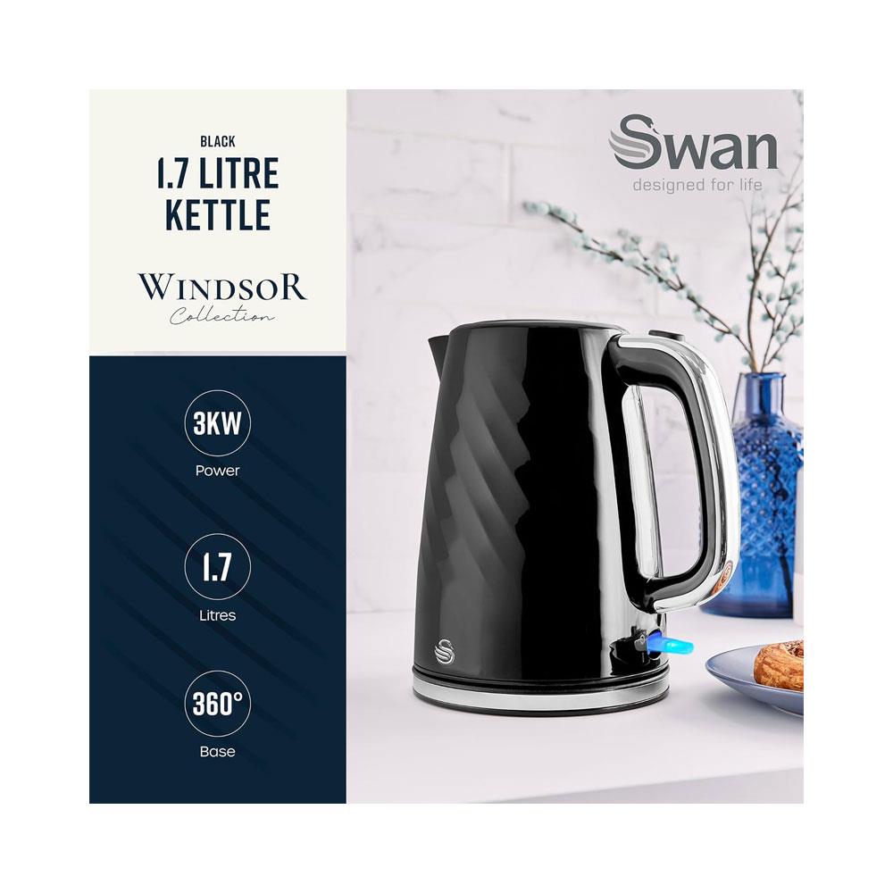 Swan Windsor Rapid Boil Electric Jug Kettle 3000W 1.7 Litres - Black