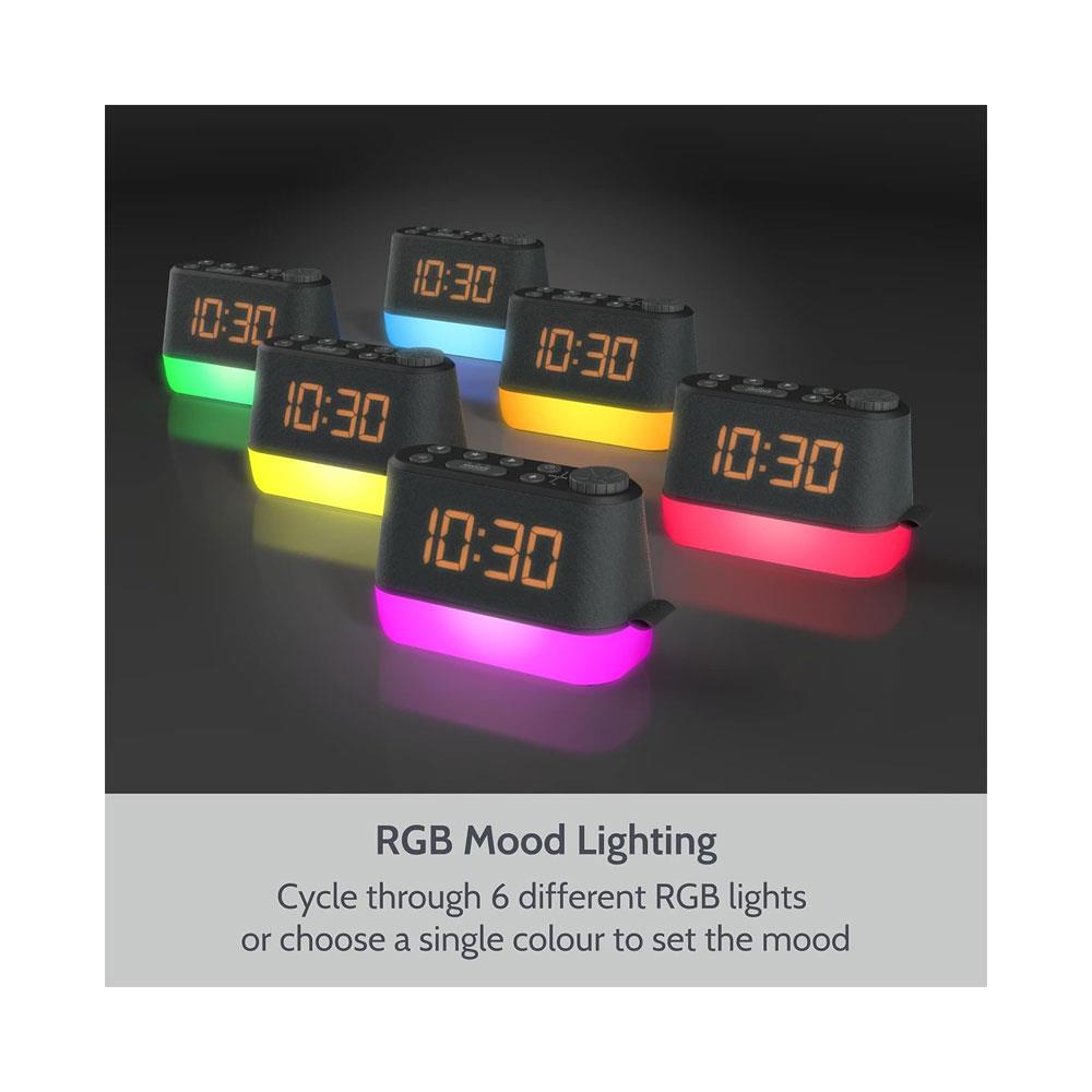 i-box MiniGlow Alarm Clock Radio With Night Light USB Charging Port LED Display - Black/Blue