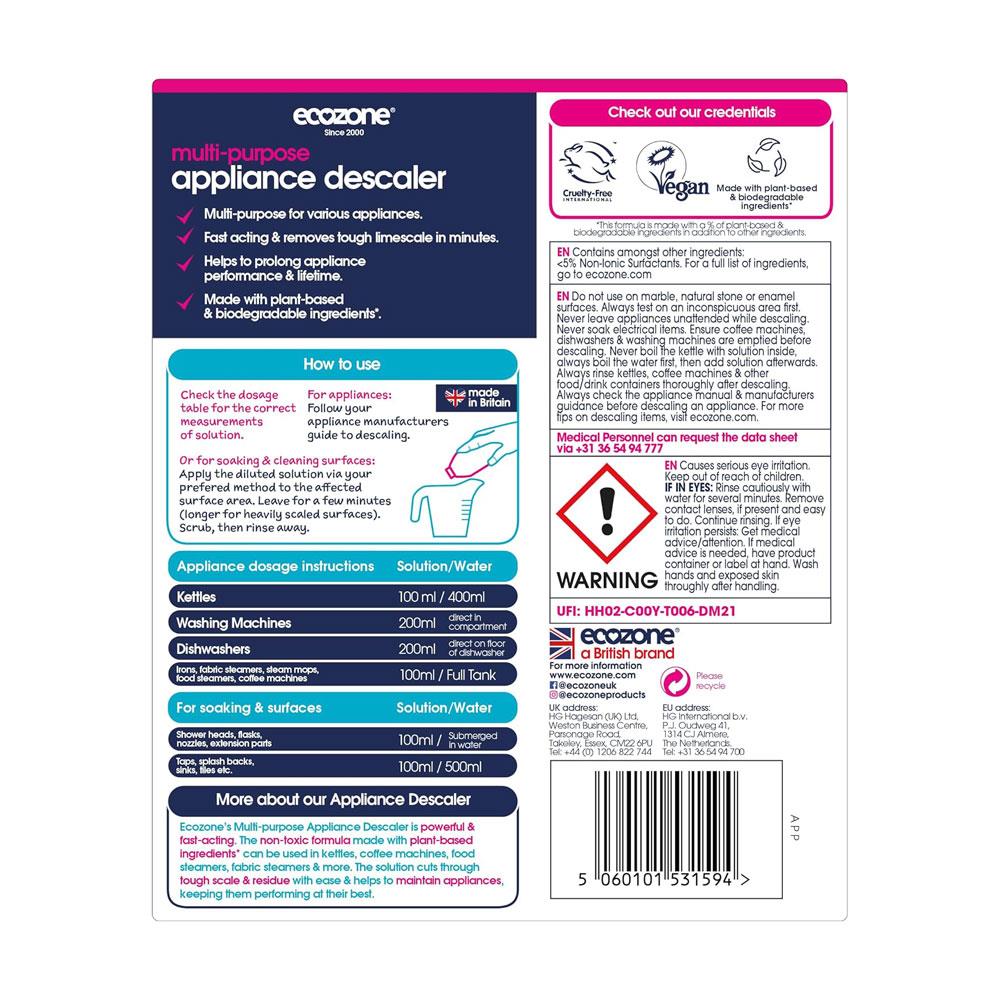 Ecozone Multi-Purpose Appliance Descaler Internal Cleaner For Kettles Irons Washing Machines Coffee Makers Dishwashers - 500ml