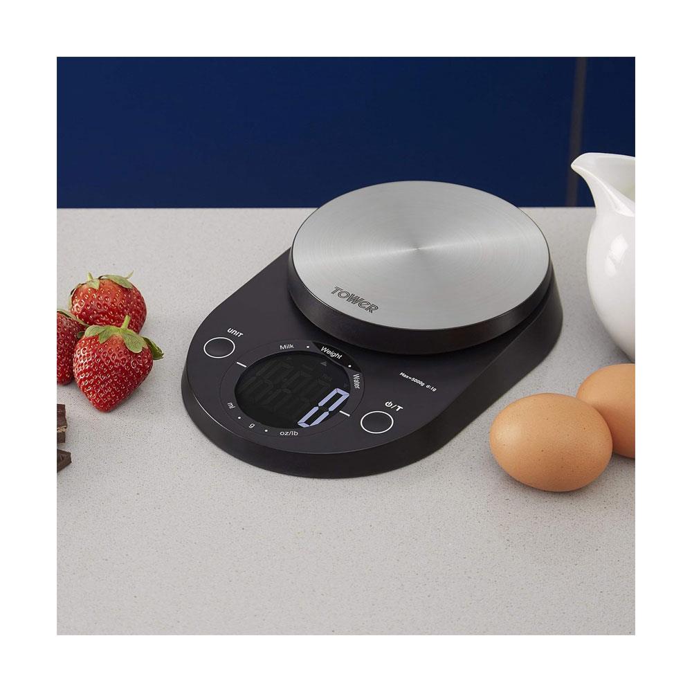 Tower Electronic Kitchen Scale With Extra-Large LCD Screen And Zero Weigh Function 5kg Capacity - Black