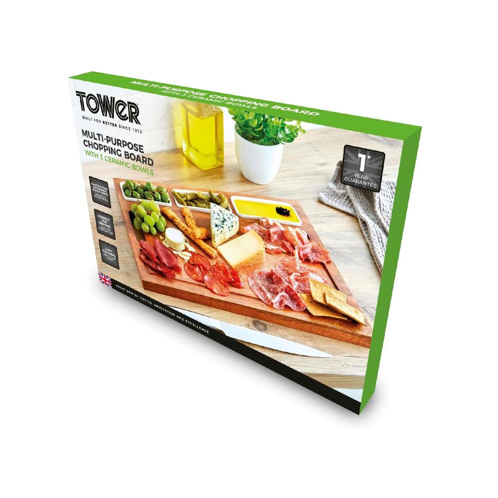 Tower Multi-Purpose Chopping Board With Ceramic Bowls Mango Wood - Natural Wood