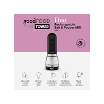 Tower Good Food Duo Salt And Pepper Mill With Adjustable Ceramic Grinders - Black With Brushed Chrome Accents