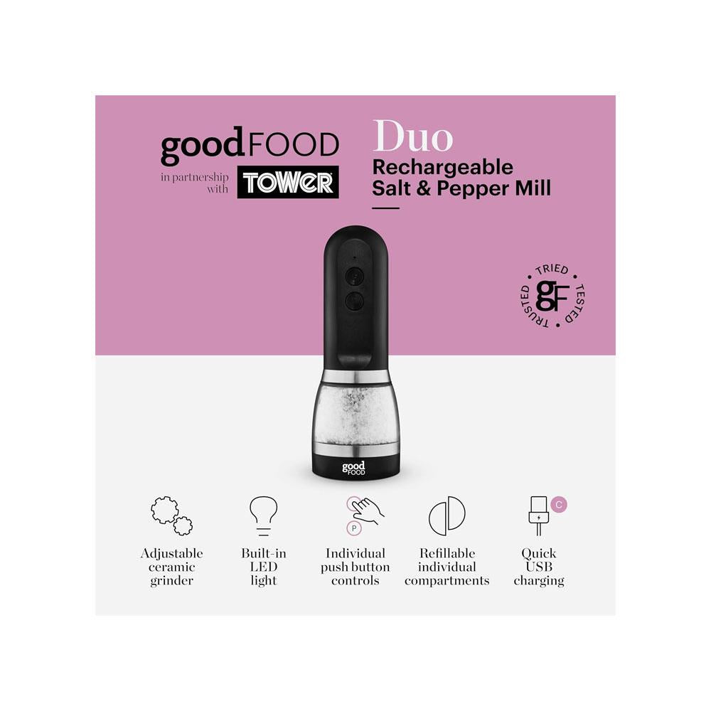 Tower Good Food Duo Salt And Pepper Mill With Adjustable Ceramic Grinders - Black With Brushed Chrome Accents