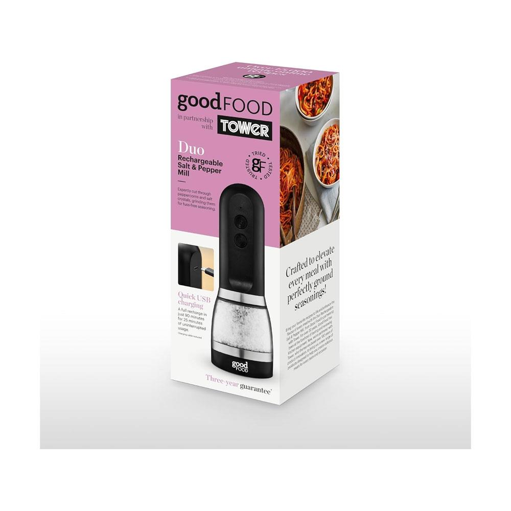 Tower Good Food Duo Salt And Pepper Mill With Adjustable Ceramic Grinders - Black With Brushed Chrome Accents