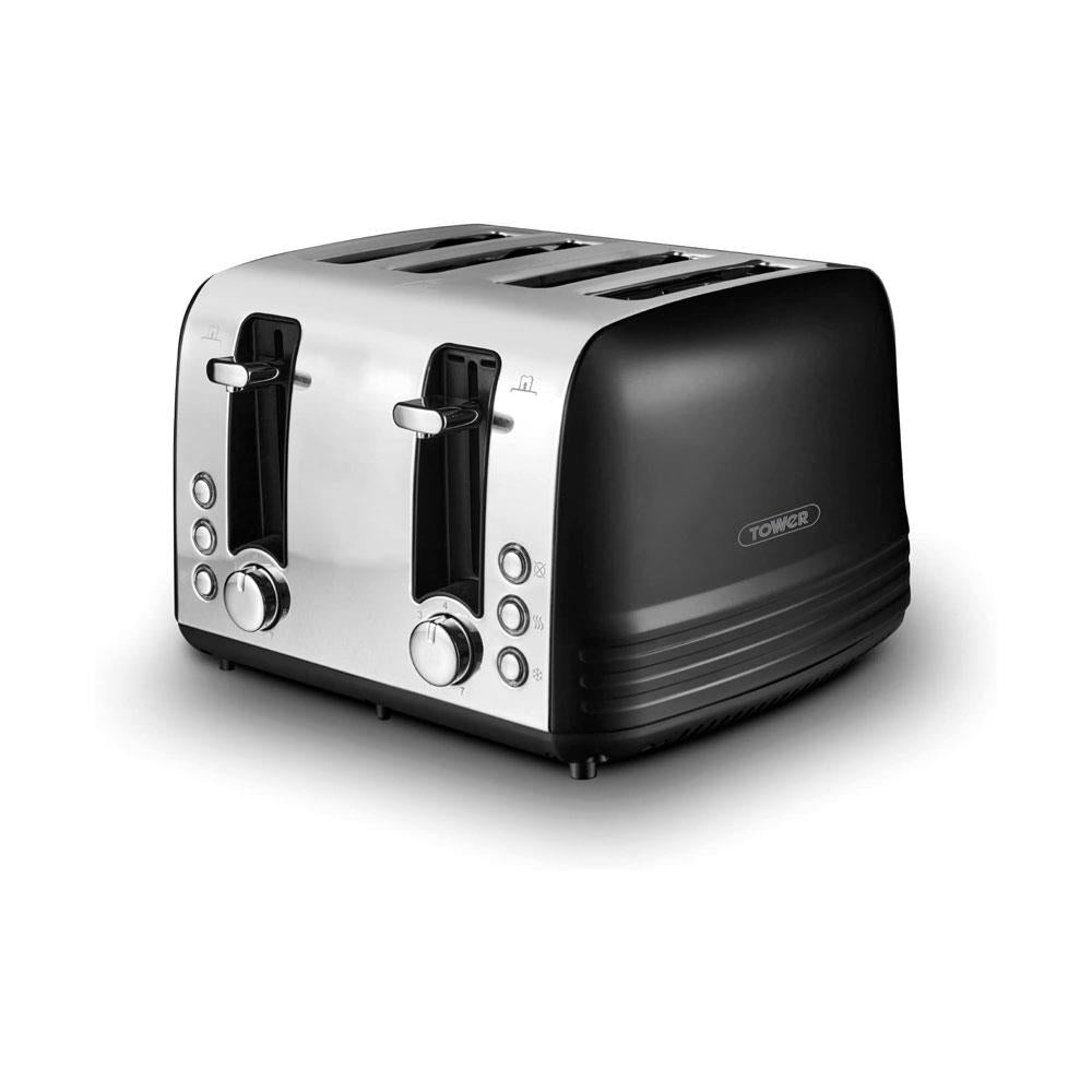 Tower Ash 4 Slice Toaster With Dual Controls Defrost/Reheat/Cancel 1850W - Black & Chrome Main image