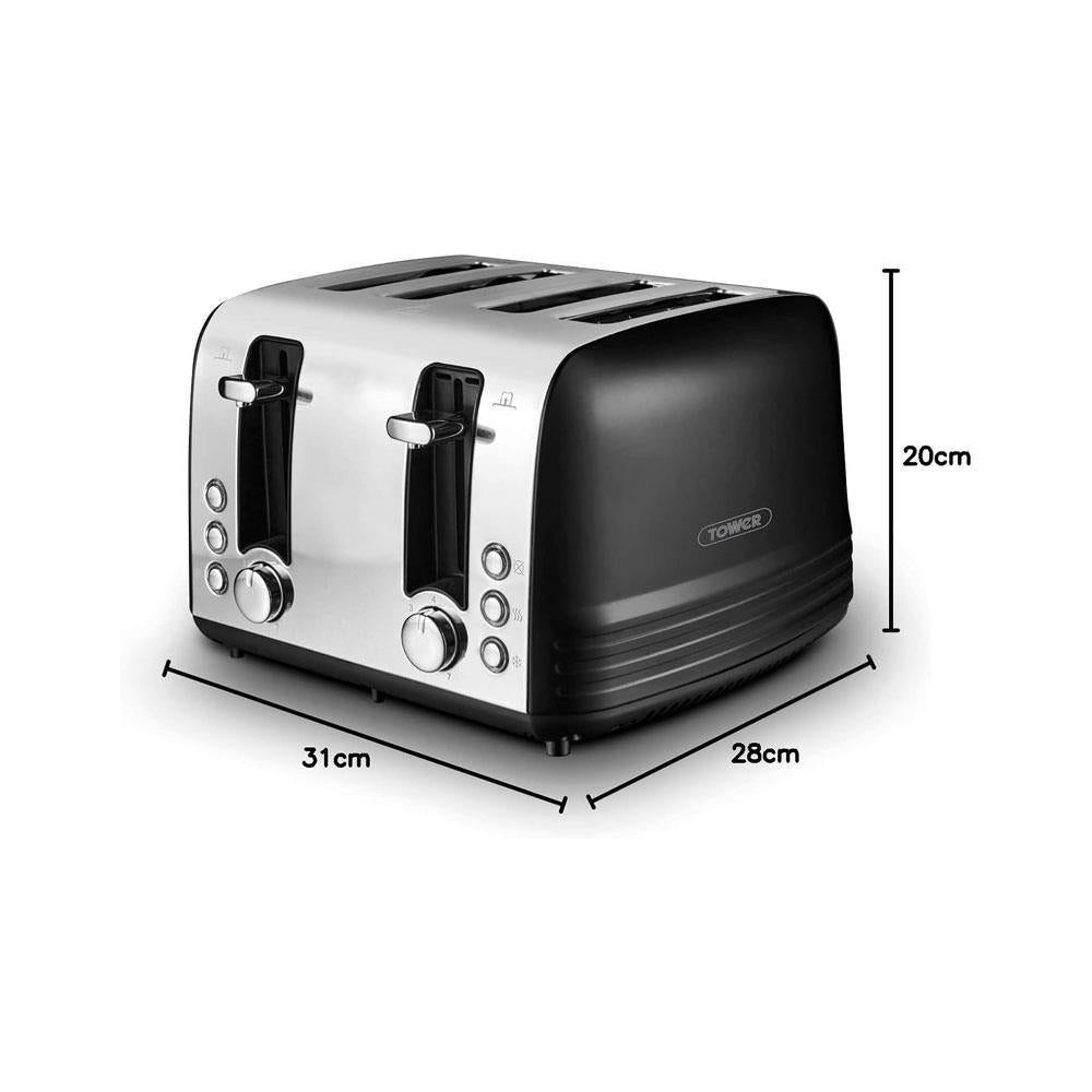 Tower Ash 4 Slice Toaster With Dual Controls Defrost/Reheat/Cancel 1850W - Black & Chrome